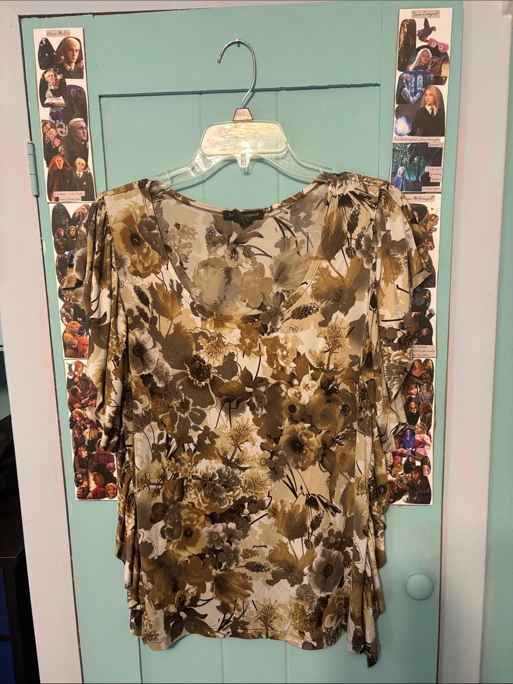 Susan Lawrence Olive and Cream Floral Short-Sleeve Blouse